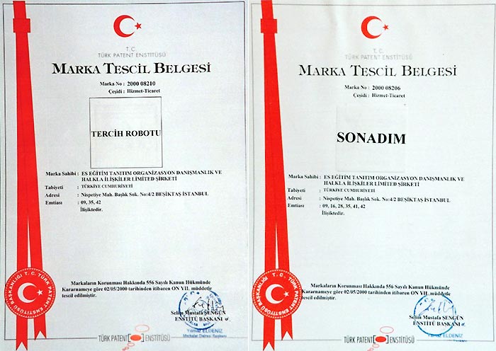 Tercih Robotu ve Sonadım marka tescil belgesi